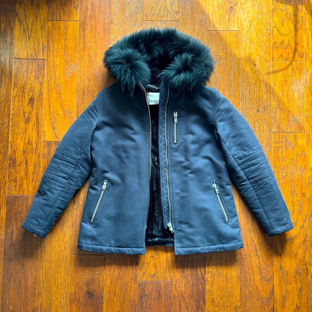 DOMA Navy Plush Lined Parka Jacket Black Fur Trim Hood | Size M